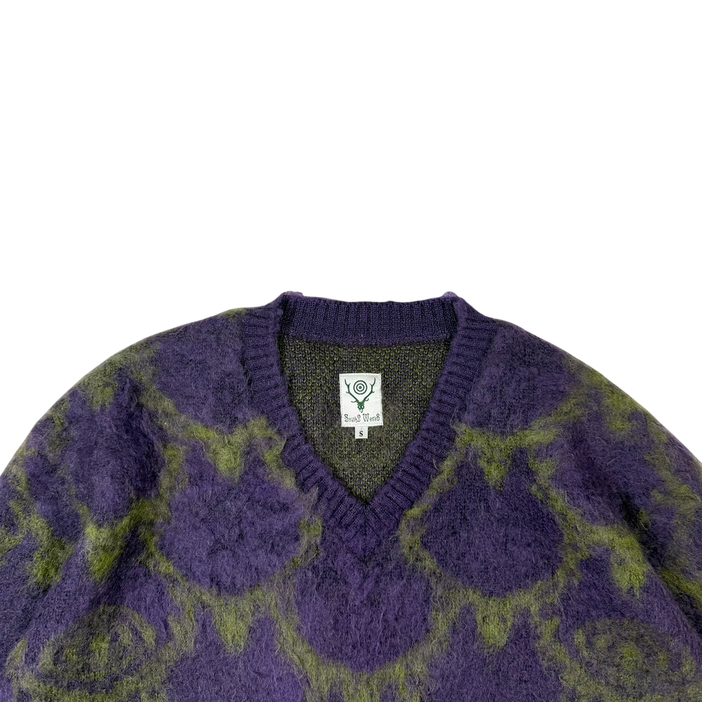 SOUTH2 WEST8 Mohair Blend Loose Fit V-Neck Sweatshirt Purple / Green (Size S)