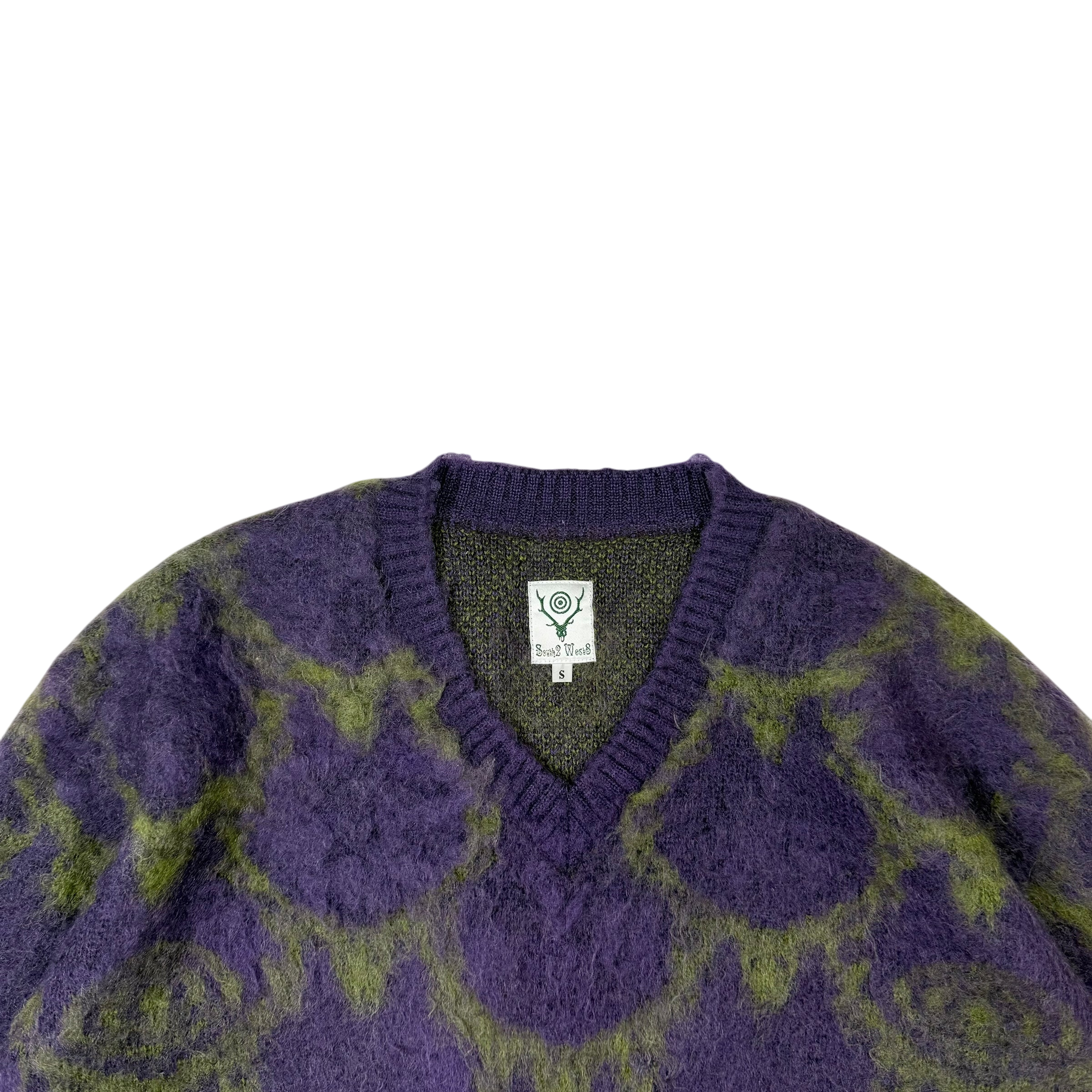 SOUTH2 WEST8 Mohair Blend Loose Fit V-Neck Sweatshirt Purple / Green (Size S)