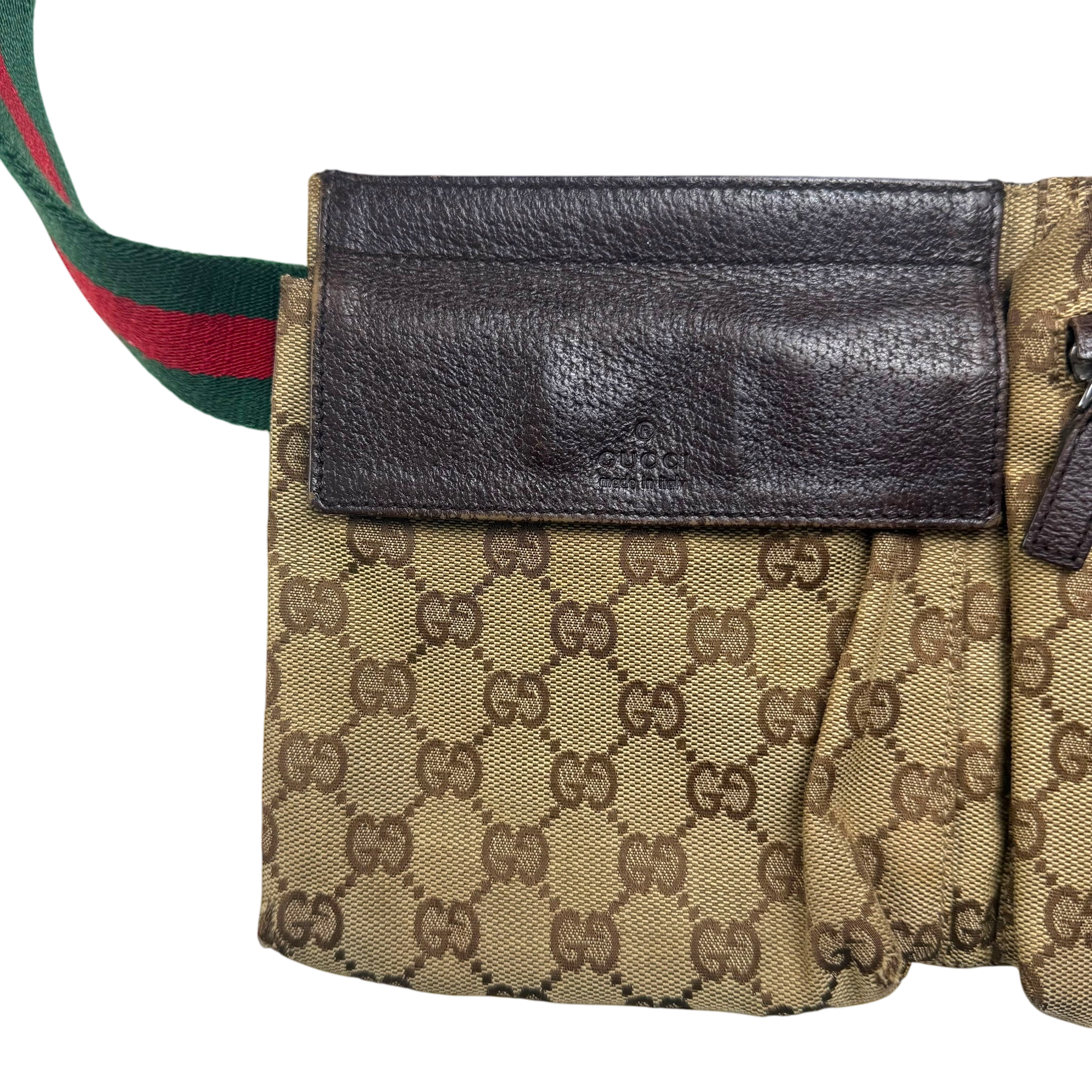 Gucci GG Canvas Web Double Pocket Belt Bag Brown
