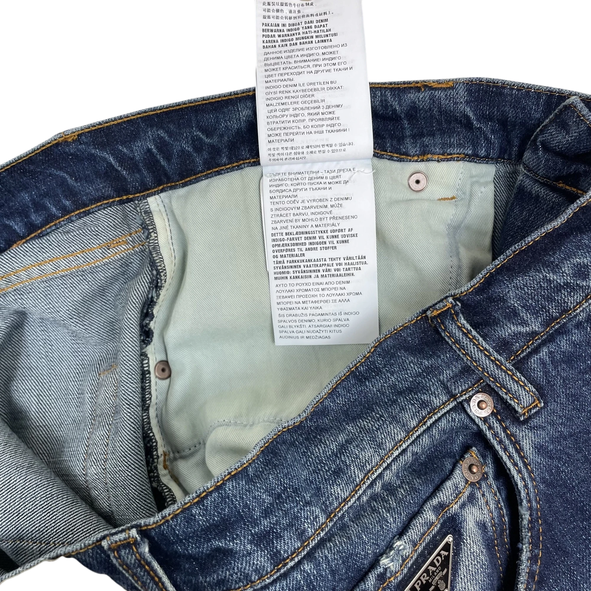 Prada Triangle Plaque Logo Jeans Washed Blue (Size 35”)