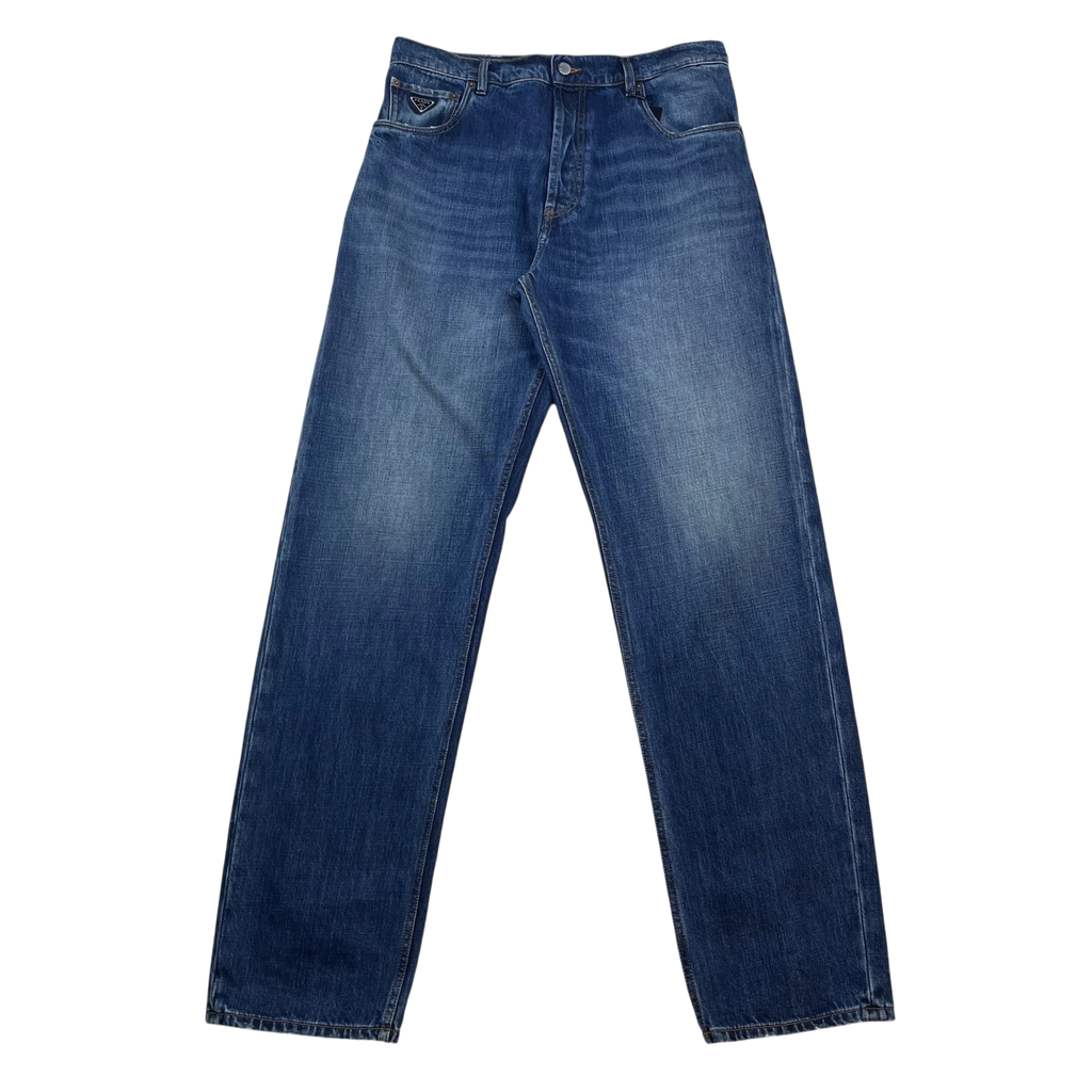 Prada Triangle Plaque Logo Jeans Washed Blue (Size 35”)