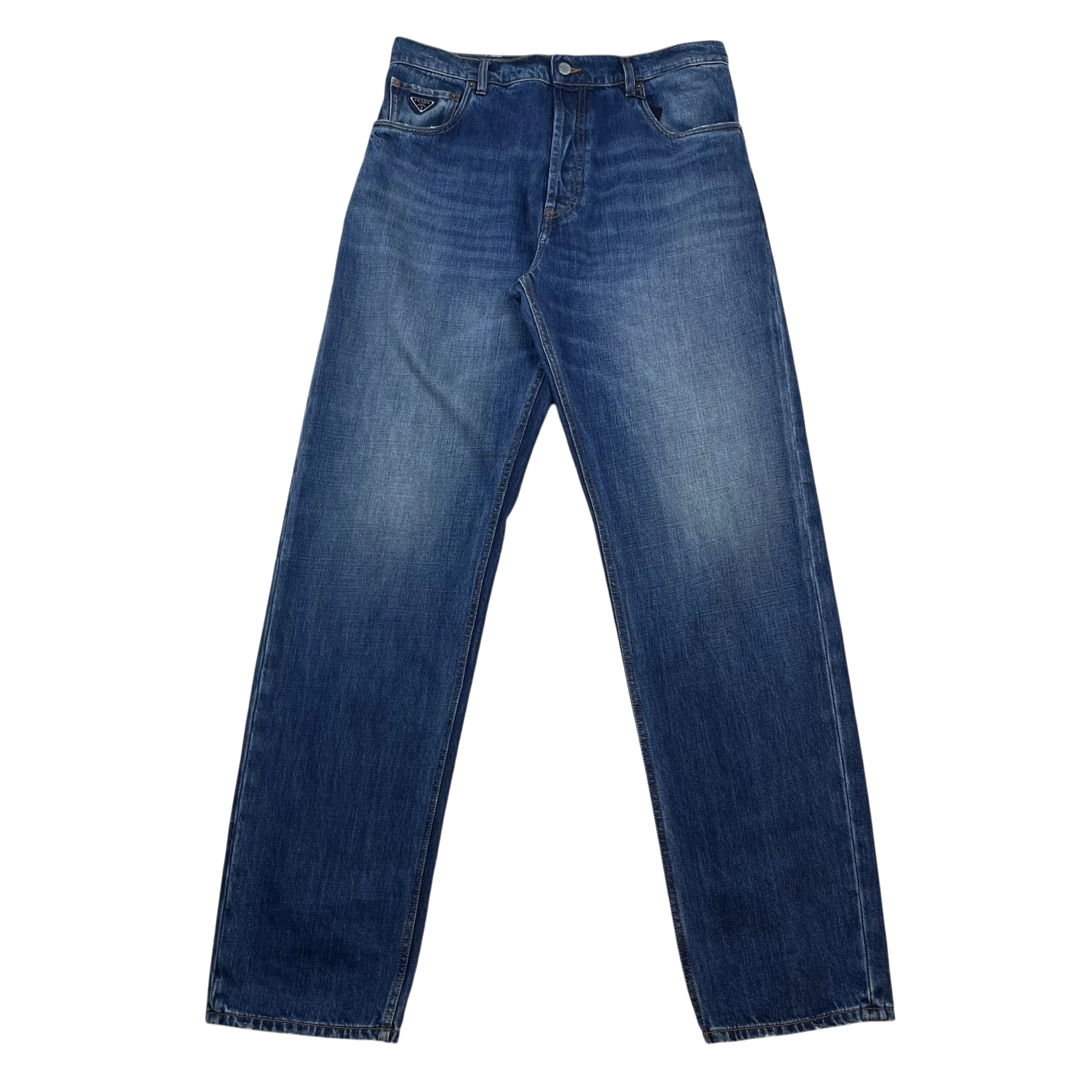 Prada Triangle Plaque Logo Jeans Washed Blue (Size 35”)
