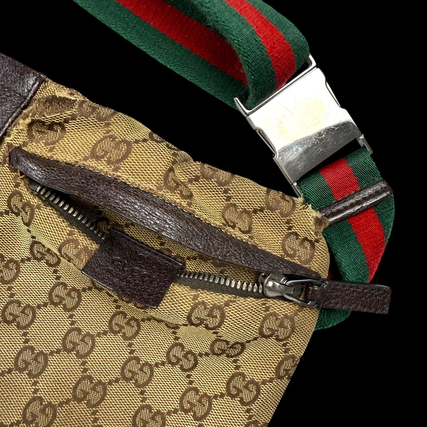 Gucci GG Canvas Web Double Pocket Belt Bag Brown
