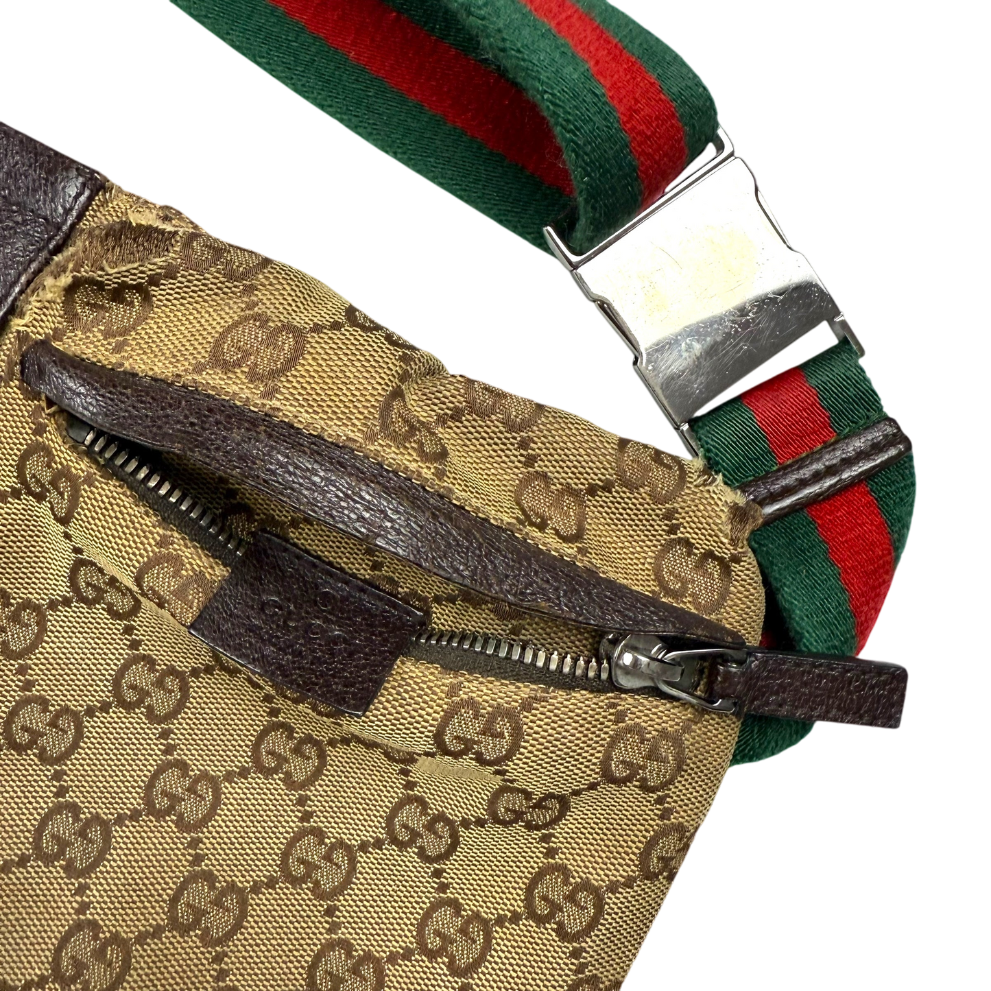 Gucci GG Canvas Web Double Pocket Belt Bag Brown