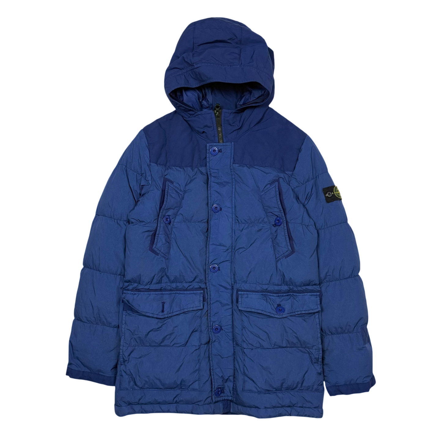 Stone Island Junior Crinkle Nylon Hooded Down Jacket Two-tone Blue (Size 14)