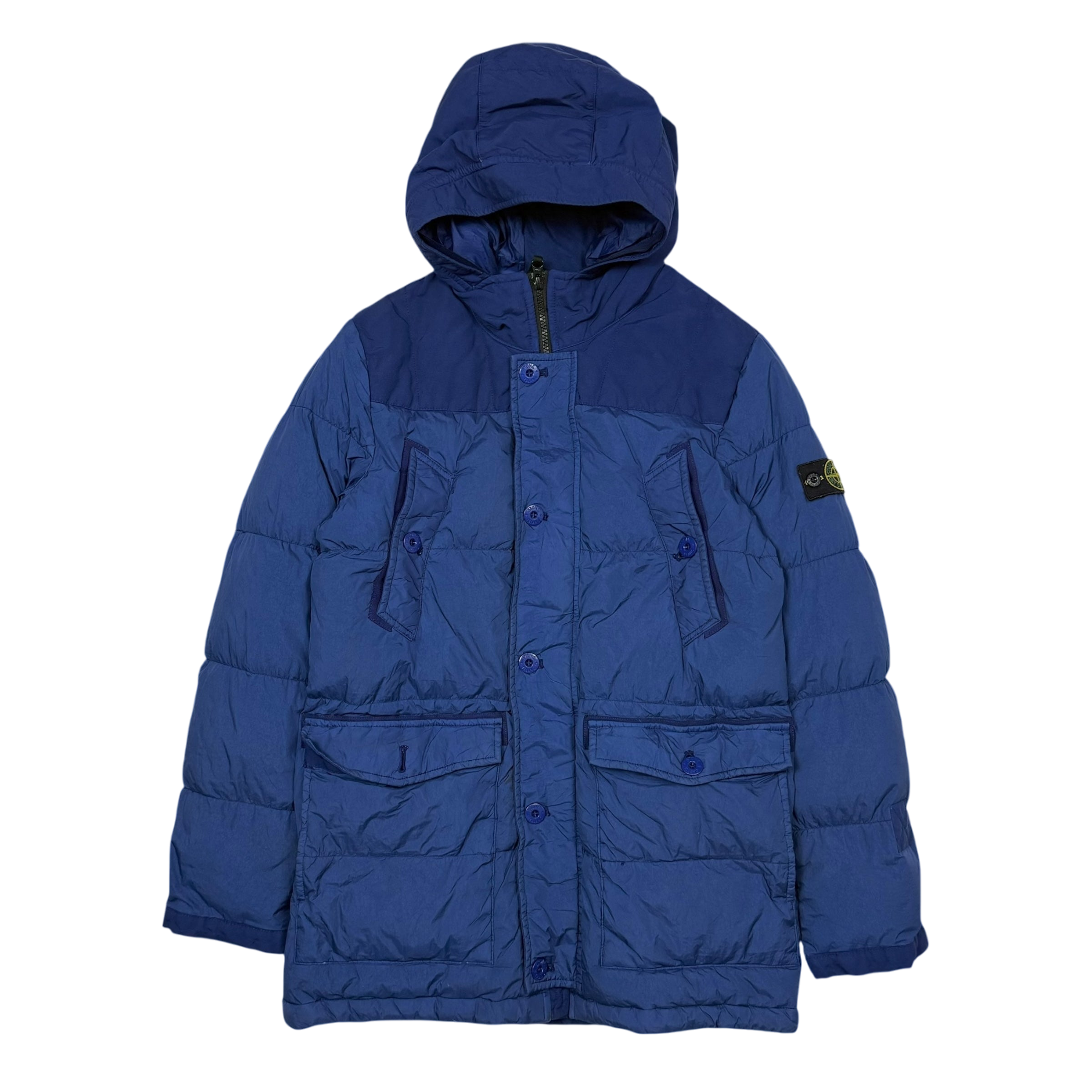 Stone Island Junior Crinkle Nylon Hooded Down Jacket Two-tone Blue (Size 14)