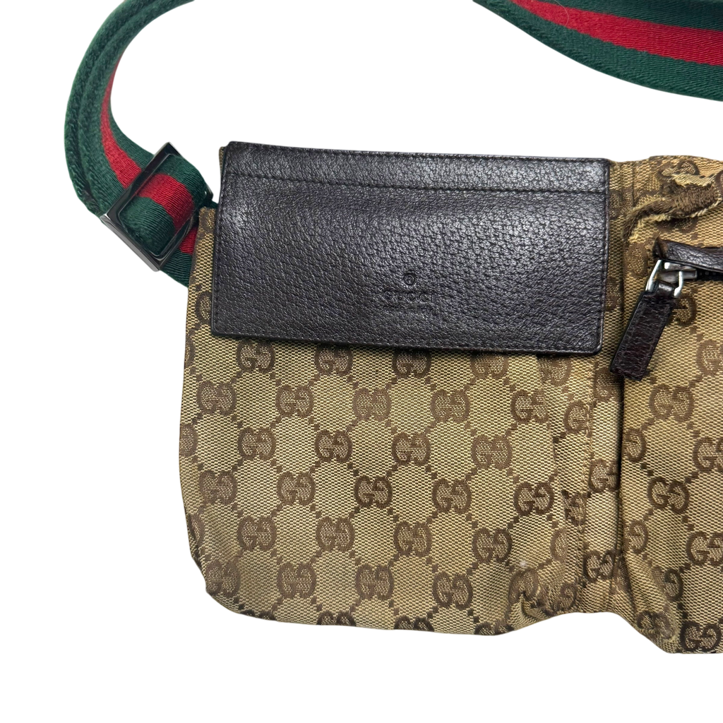 Gucci GG Canvas Web Double Pocket Belt Bag Brown