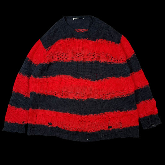 Acne Studios AW21 Kalia Distressed Oversized Striped Knit Sweatshirt Navy / Red (fits up to L)