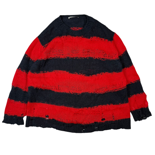 Acne Studios AW21 Kalia Distressed Oversized Striped Knit Sweatshirt Navy / Red (fits up to L)