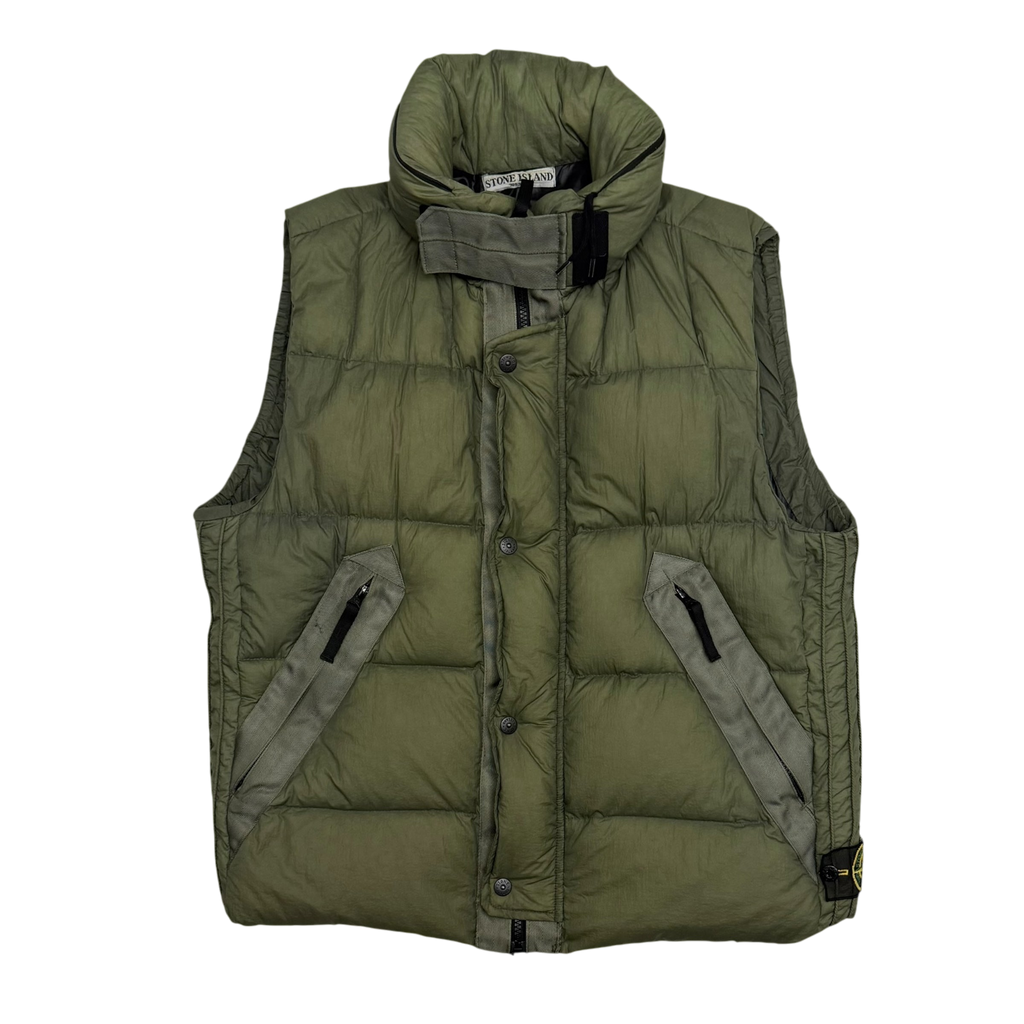 Stone Island AW10 Opaque Nylon Tela Mesh Badge Down Gilet Army Green (Fits M-L)