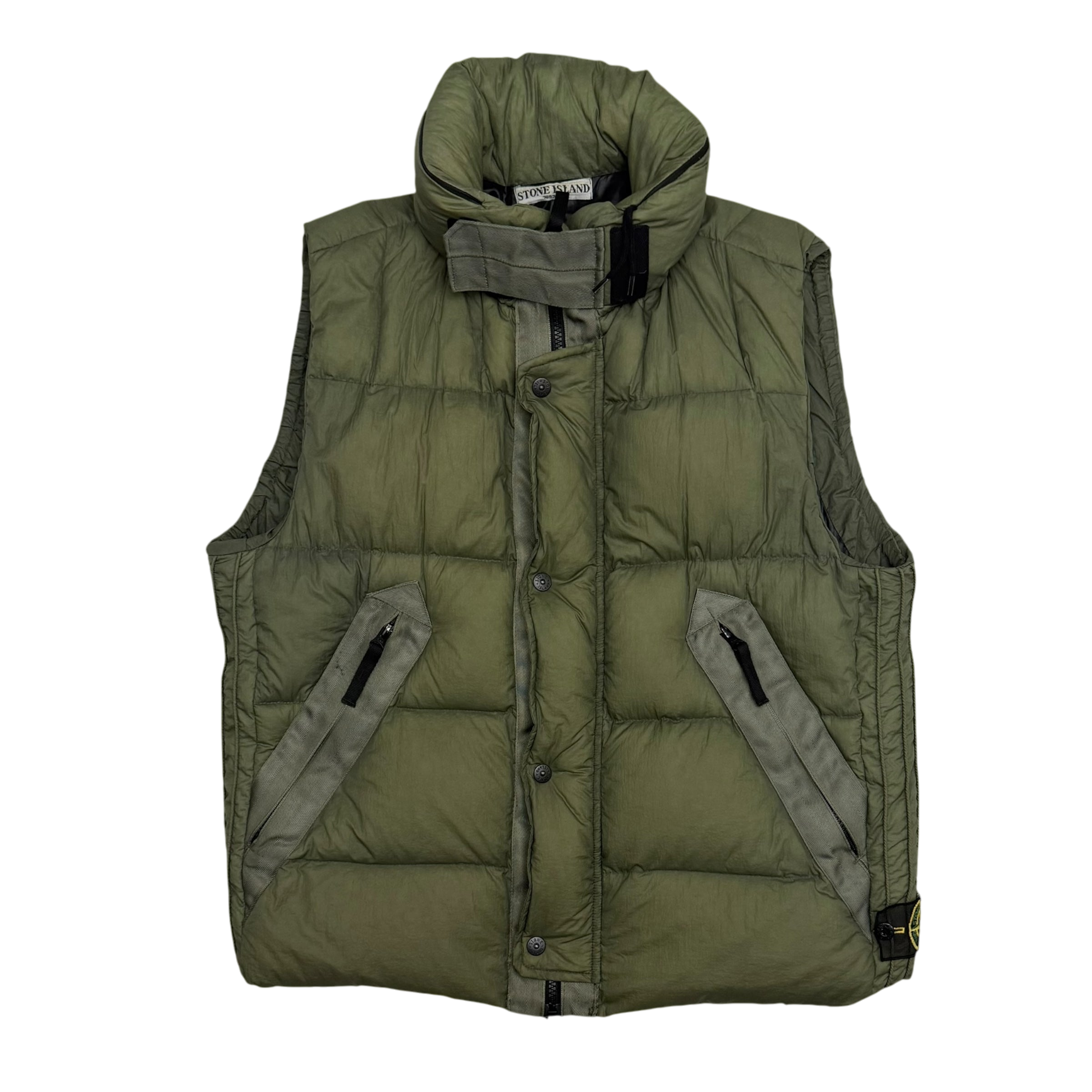 Stone Island AW10 Opaque Nylon Tela Mesh Badge Down Gilet Army Green (Fits M-L)