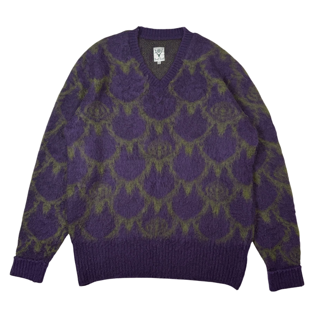 SOUTH2 WEST8 Mohair Blend Loose Fit V-Neck Sweatshirt Purple / Green (Size S)