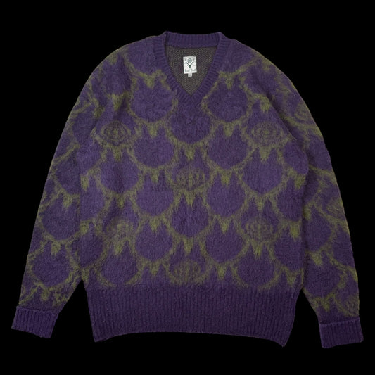 SOUTH2 WEST8 Mohair Blend Loose Fit V-Neck Sweatshirt Purple / Green (Size S)