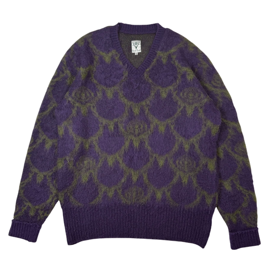 SOUTH2 WEST8 Mohair Blend Loose Fit V-Neck Sweatshirt Purple / Green (Size S)