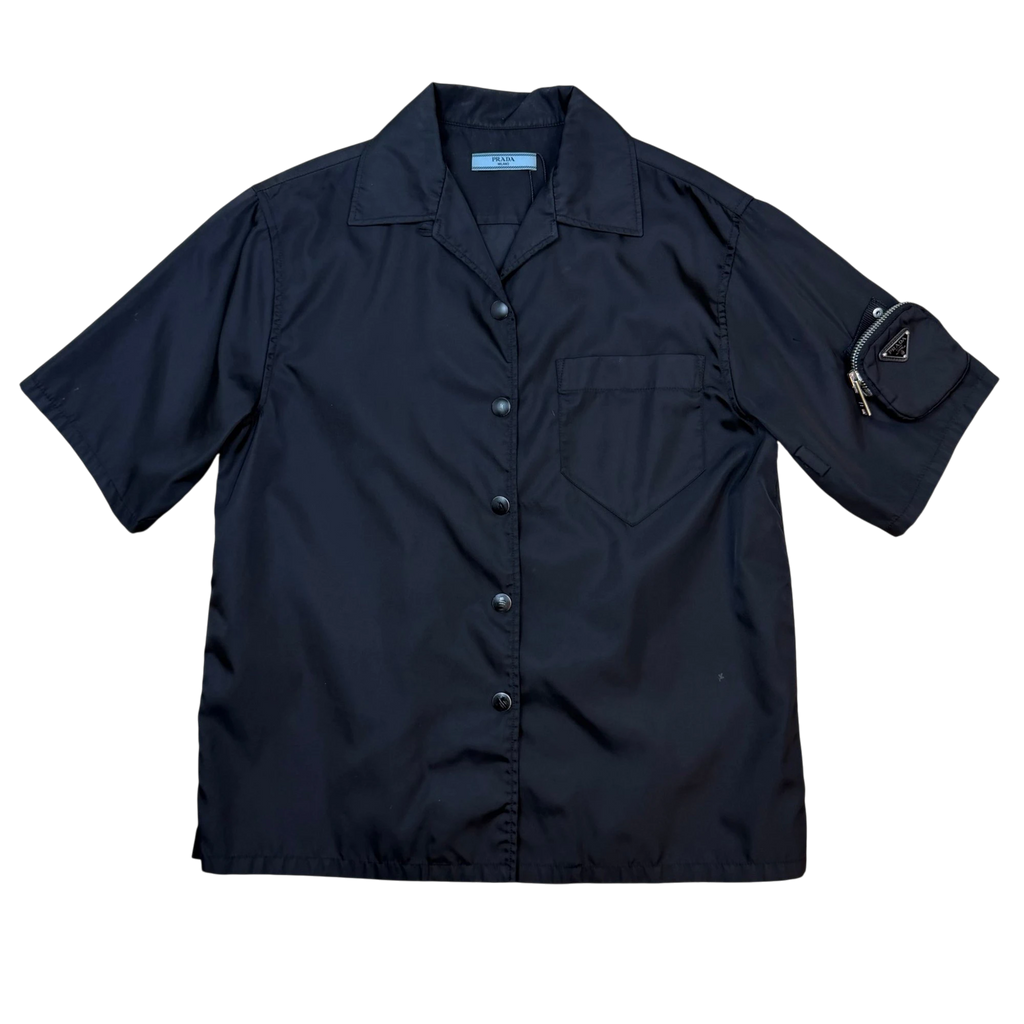 Prada Re-Nylon Triangle Logo-Appliqué Short Sleeve Button-Up Shirt Black (Fits S Mens)