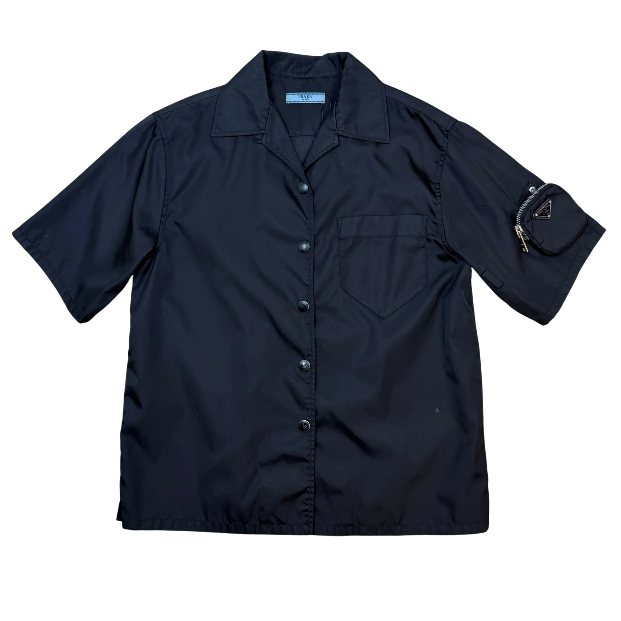 Prada Re-Nylon Triangle Logo-Appliqué Short Sleeve Button-Up Shirt Black (Fits S Mens)