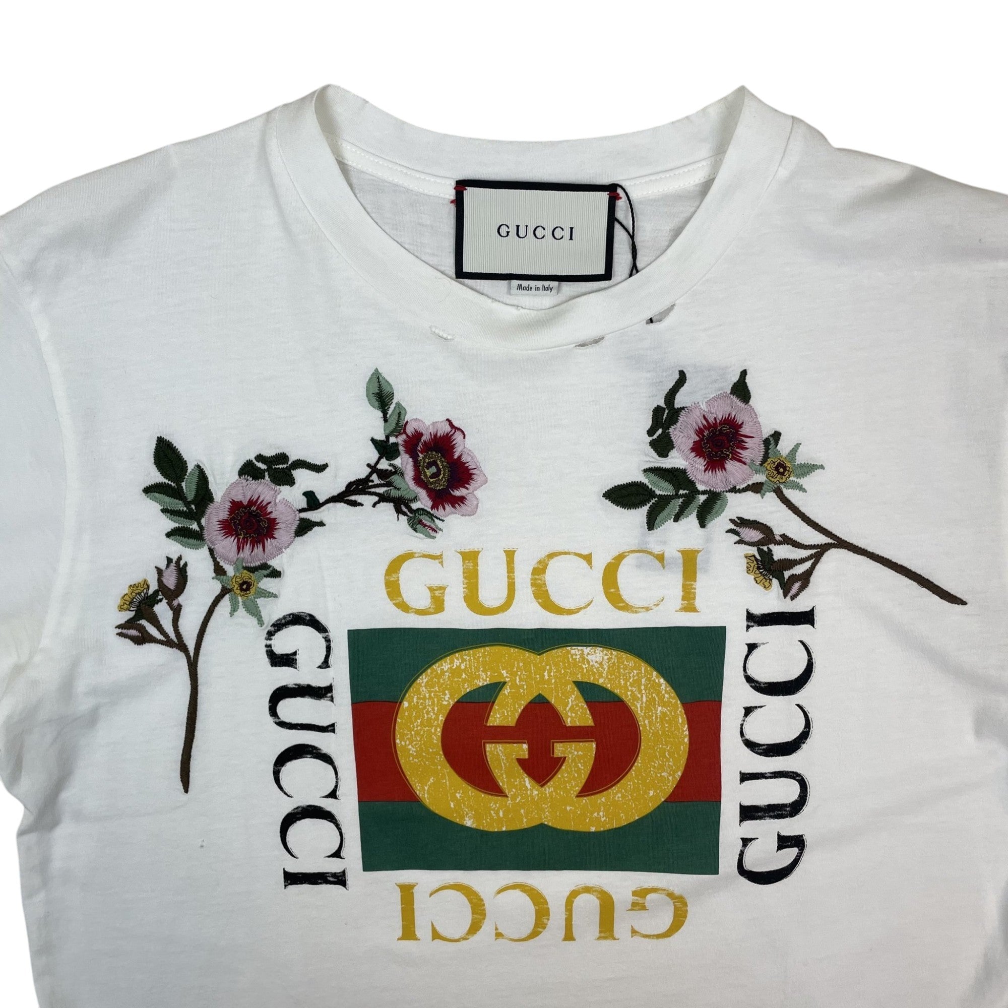 Gucci 2018 Logo Printed & Embroidered Cotton Distressed T-Shirt White (Size L)