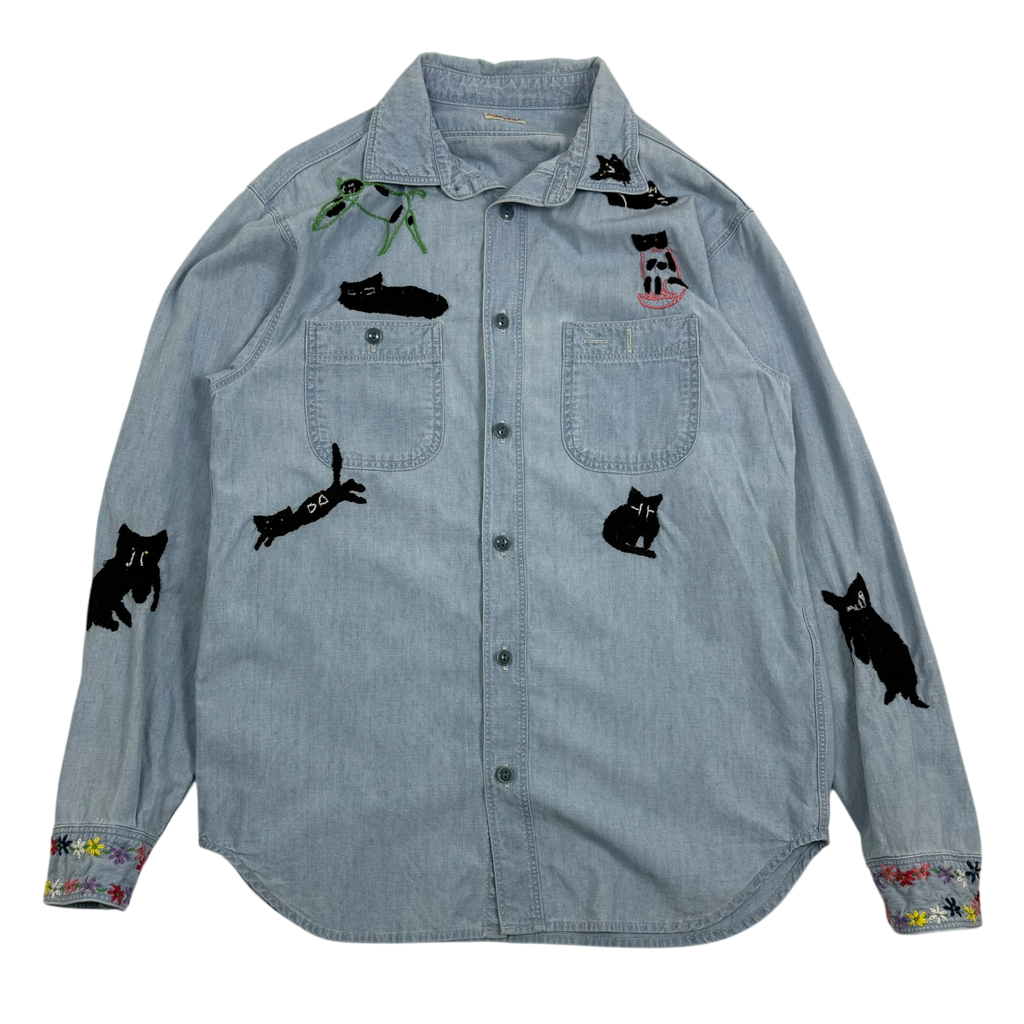 Kapital SS19 Cat Embroidered Cotton-Chambray Shirt Blue (Fits S-M)