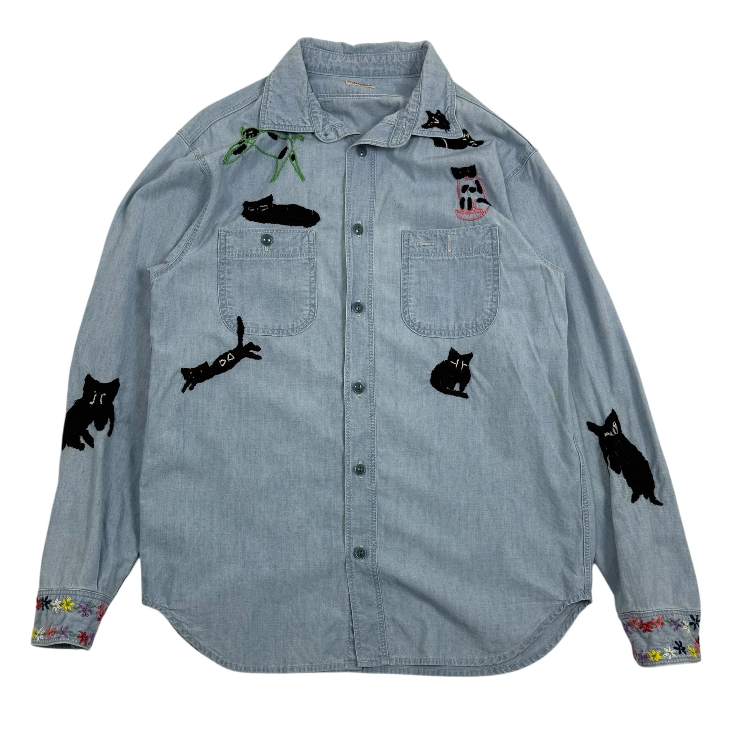 Kapital SS19 Cat Embroidered Cotton-Chambray Shirt Blue (Fits S-M)