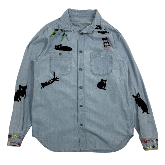 Kapital SS19 Cat Embroidered Cotton-Chambray Shirt Blue (Fits S-M)