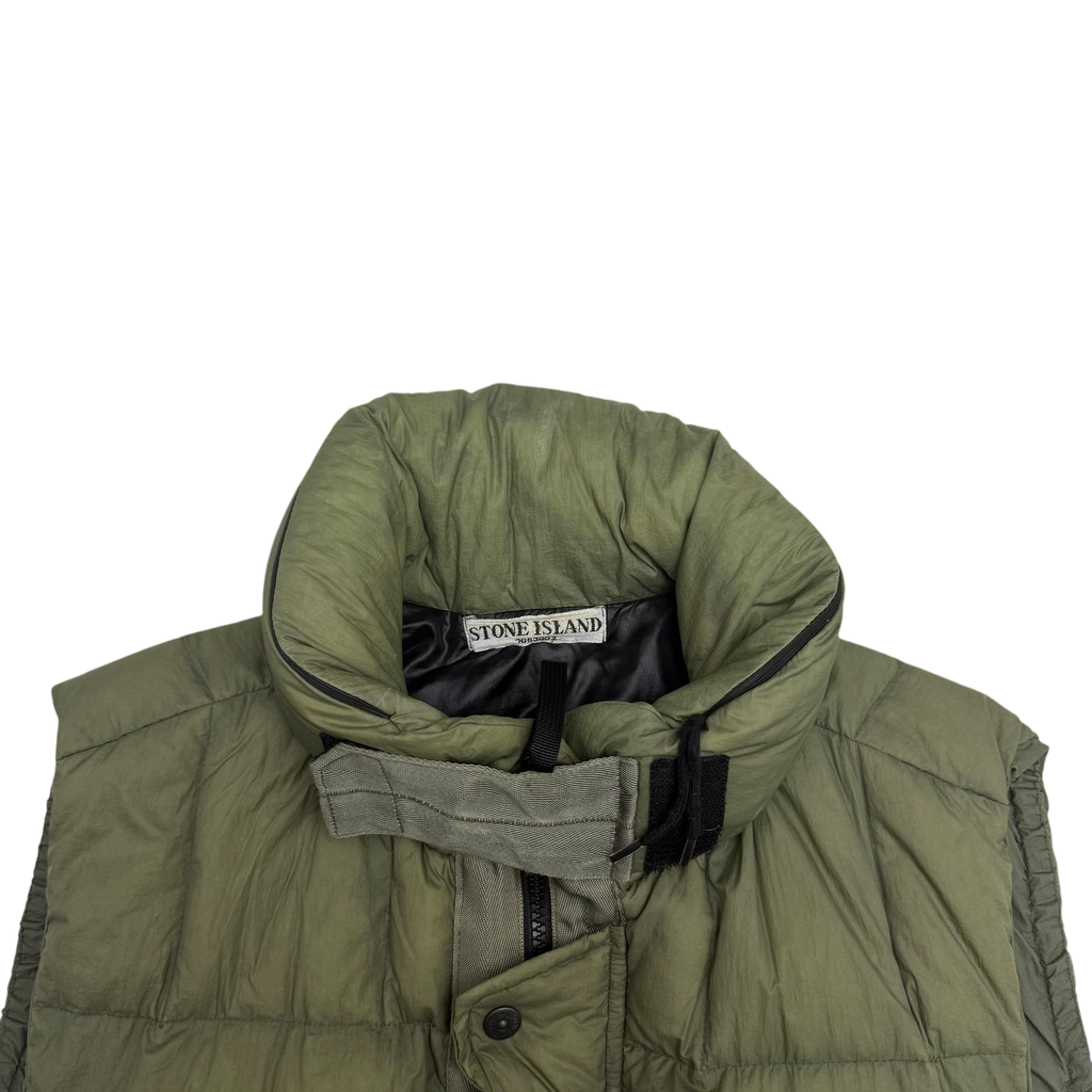 Stone Island AW10 Opaque Nylon Tela Mesh Badge Down Gilet Army Green (Fits M-L)