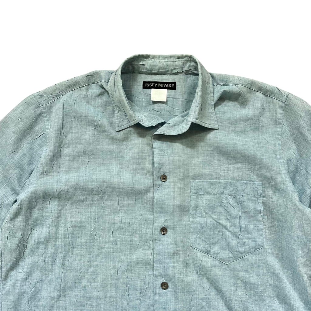 Vintage Issey Miyake Wrinkle-Effect Short Sleeve Blue Shirt (Fits L)