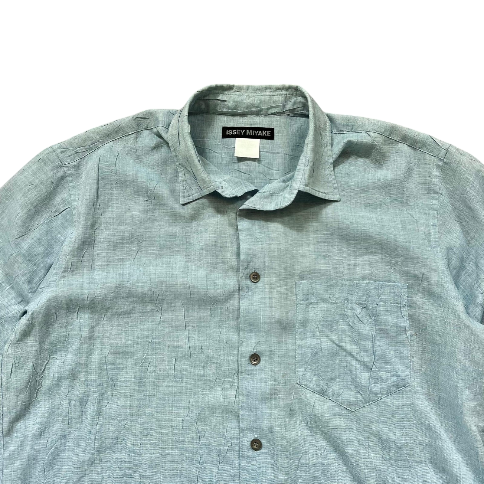 Vintage Issey Miyake Wrinkle-Effect Short Sleeve Blue Shirt (Fits L)