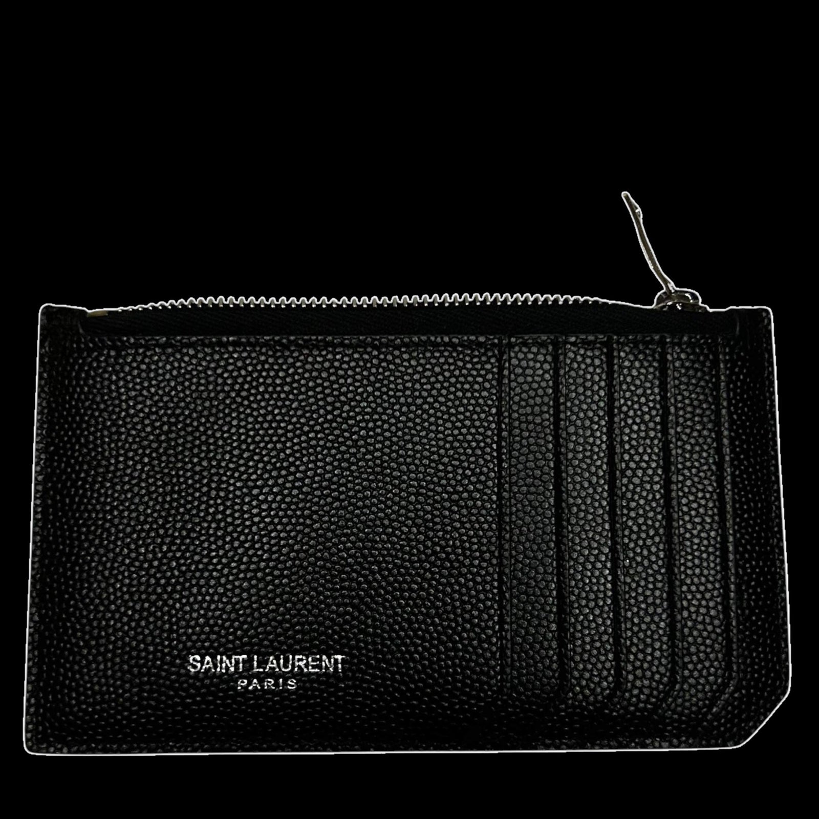 Saint Laurent Grained Leather Fragment Zip Card Case Black