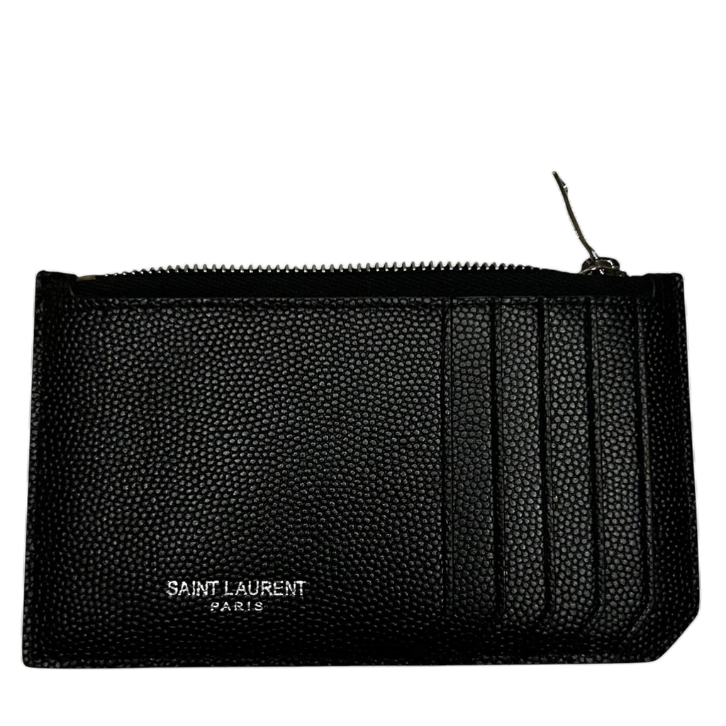 Saint Laurent Grained Leather Fragment Zip Card Case Black