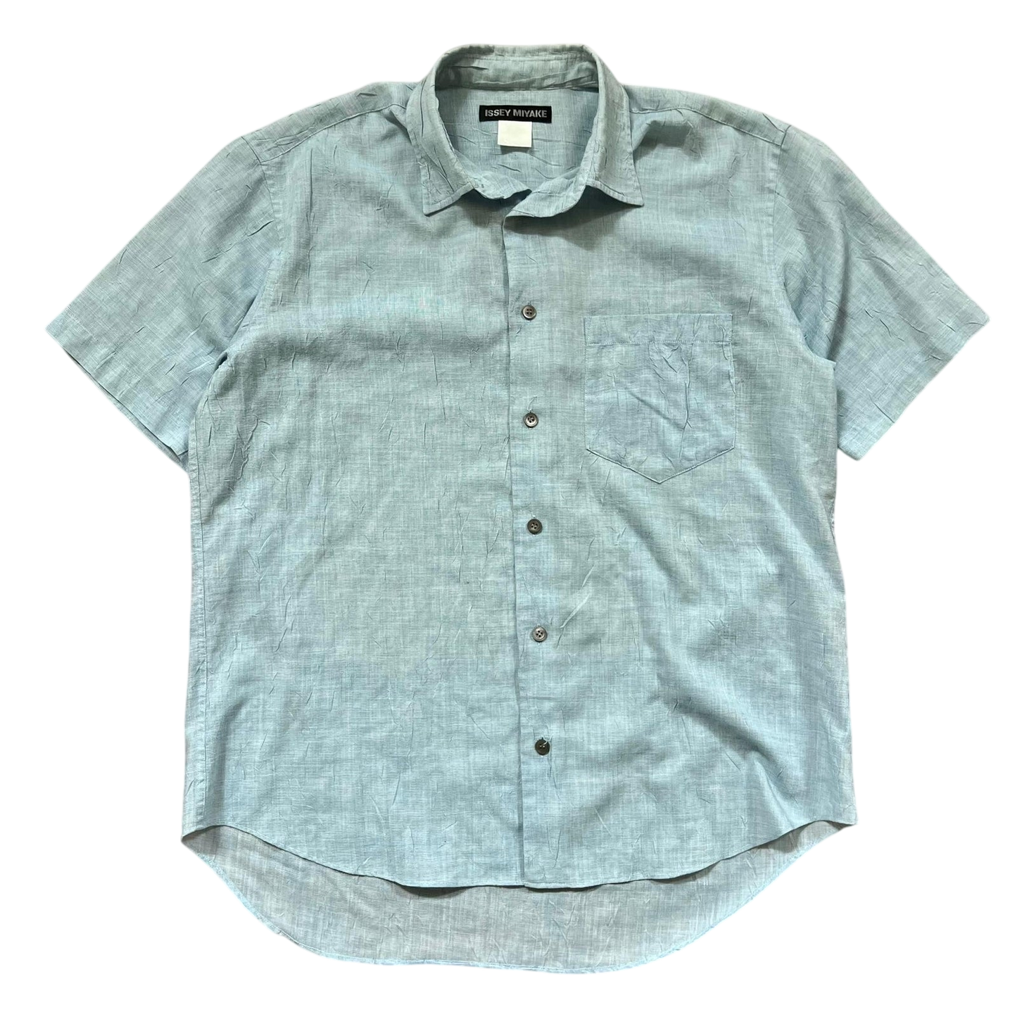 Vintage Issey Miyake Wrinkle-Effect Short Sleeve Blue Shirt (Fits L)