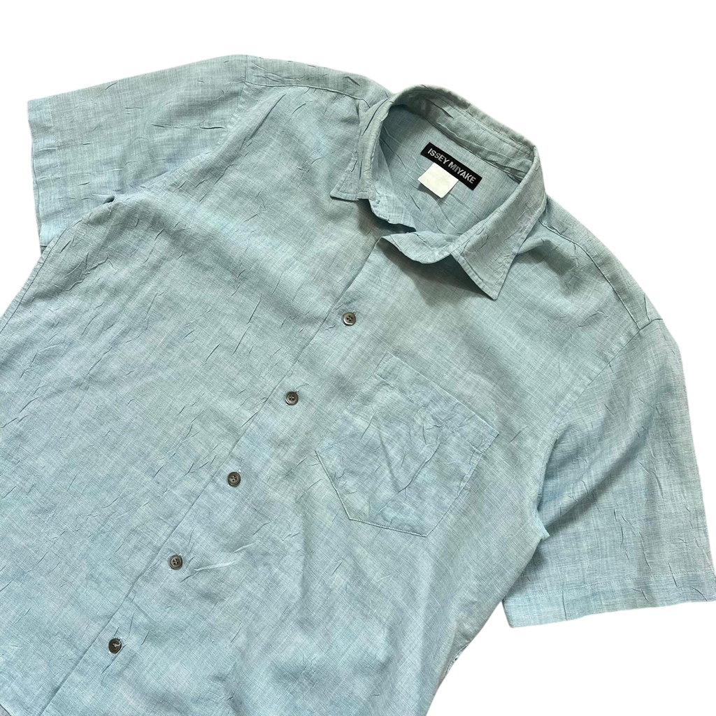 Vintage Issey Miyake Wrinkle-Effect Short Sleeve Blue Shirt (Fits L)
