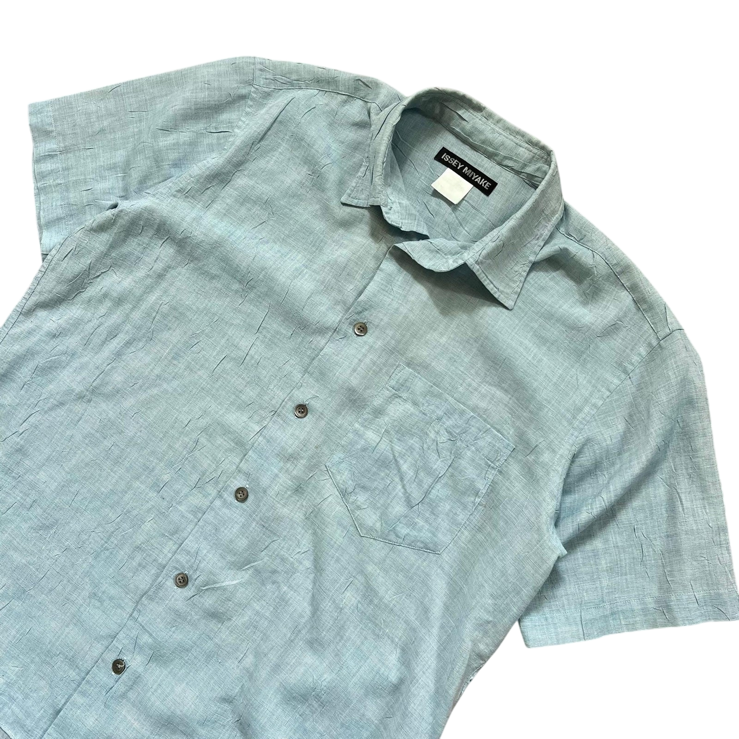 Vintage Issey Miyake Wrinkle-Effect Short Sleeve Blue Shirt (Fits L)