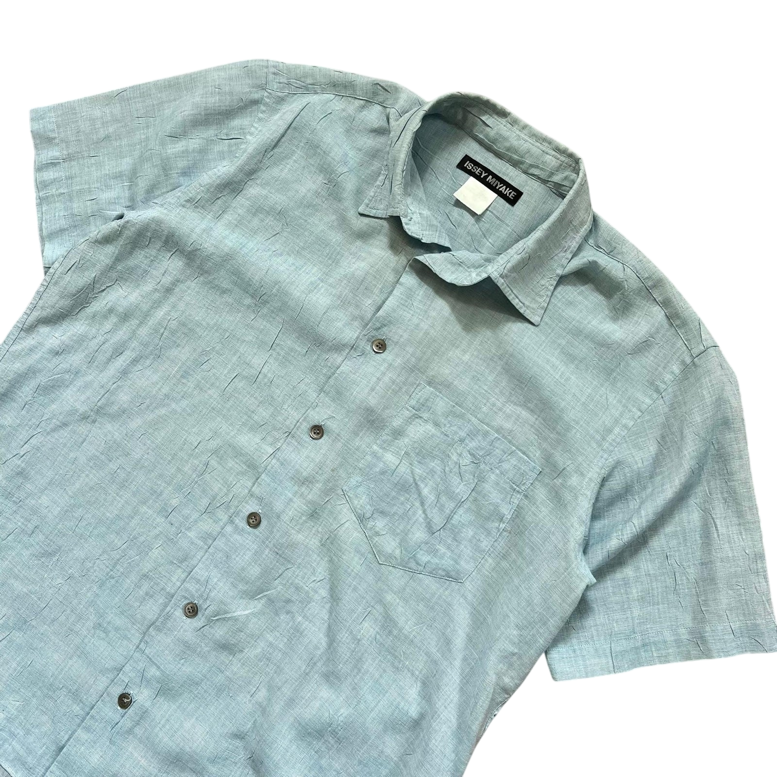 Vintage Issey Miyake Wrinkle-Effect Short Sleeve Blue Shirt (Fits L)