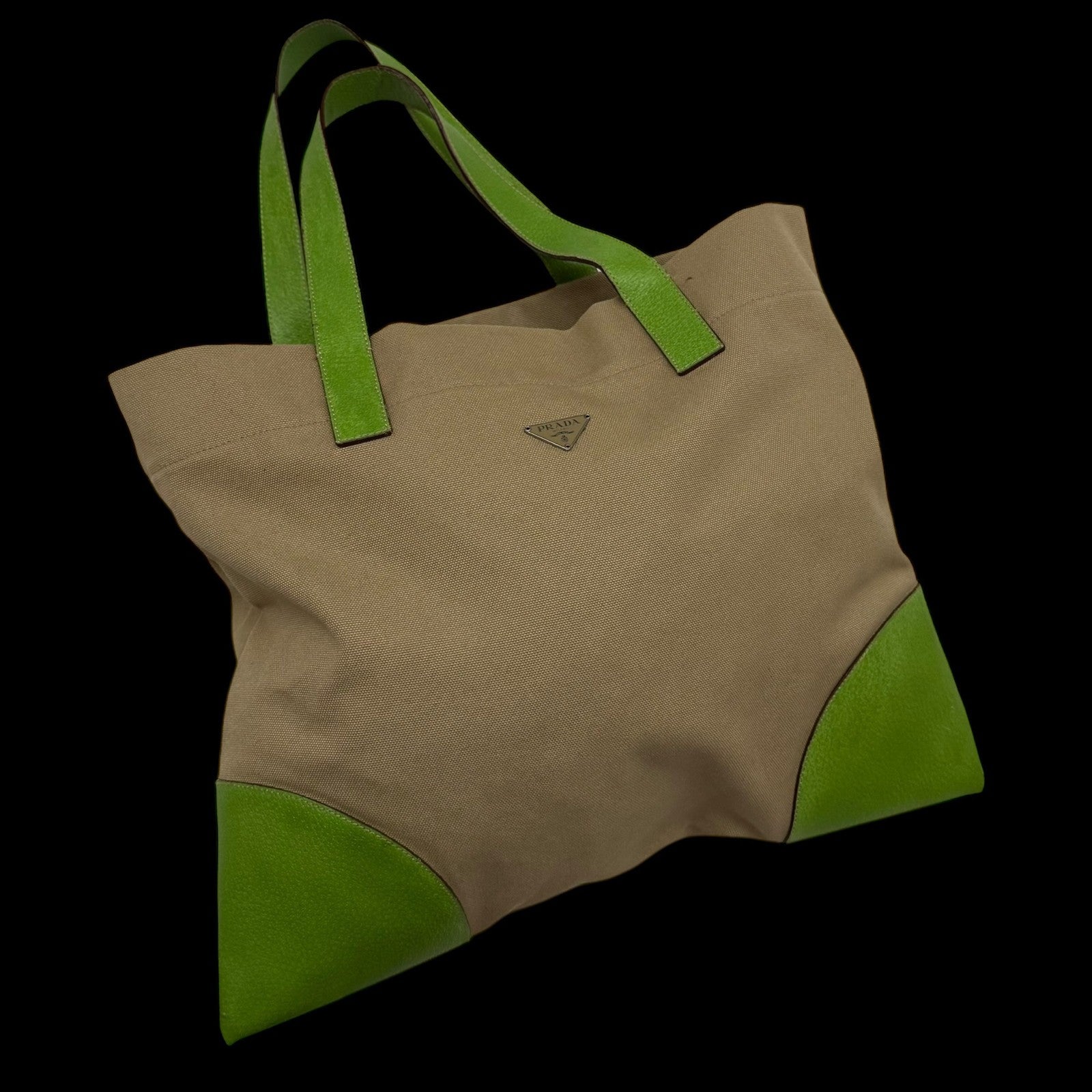 Prada Canvas & Leather Tote Bag Beige/Green