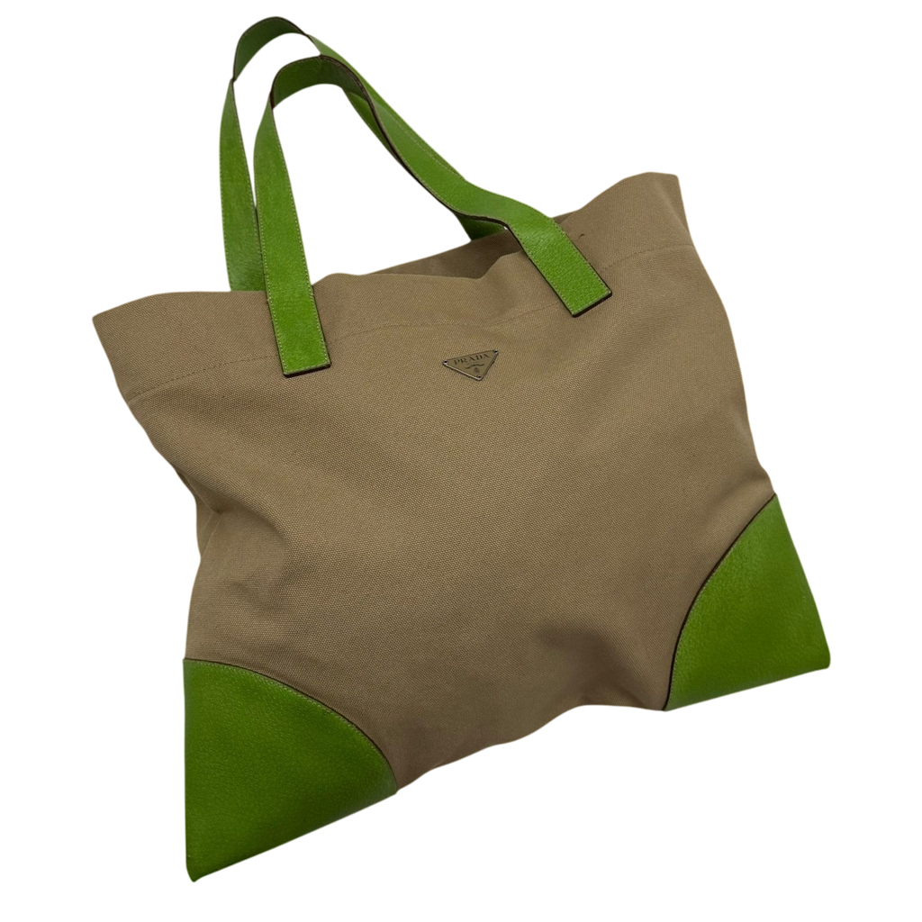 Prada Canvas & Leather Tote Bag Beige/Green