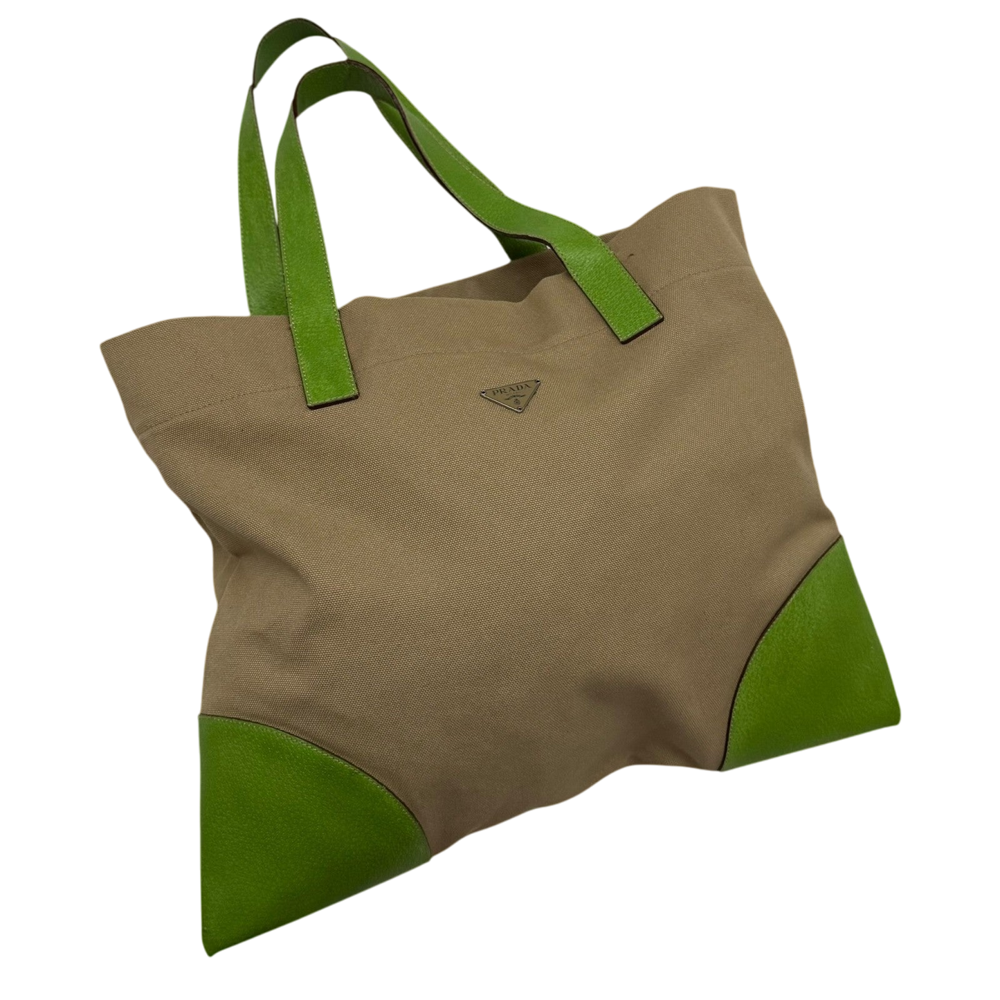 Prada Canvas & Leather Tote Bag Beige/Green