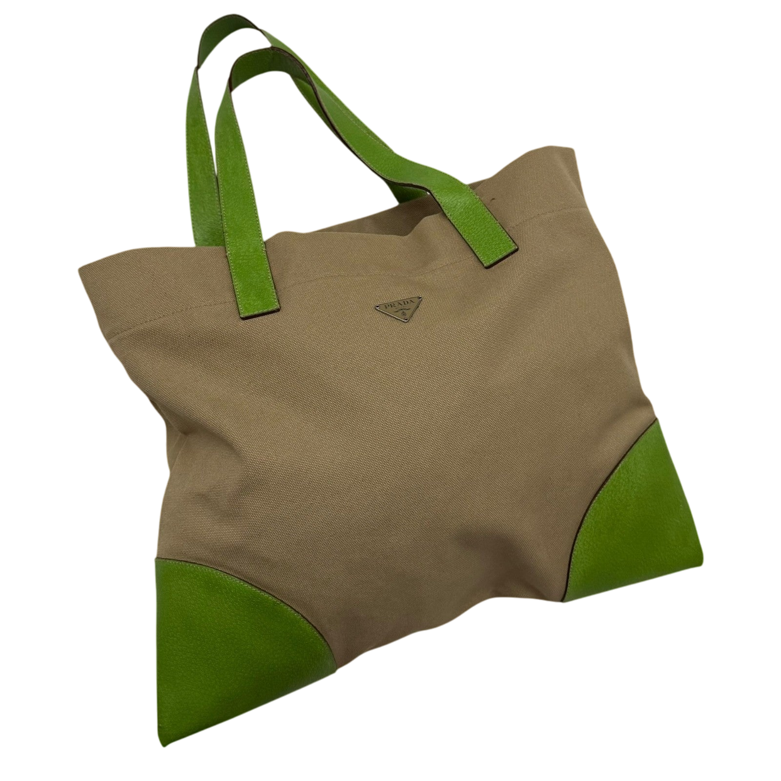 Prada Canvas & Leather Tote Bag Beige/Green