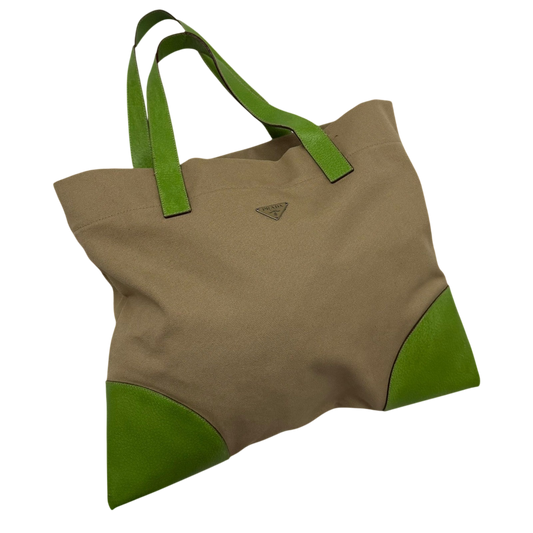 Prada Canvas & Leather Tote Bag Beige/Green