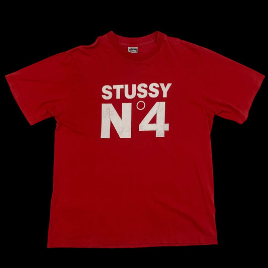 Stussy Vintage 90s No. 4 Logo T-Shirt Red (Made in USA) Fits S-M)