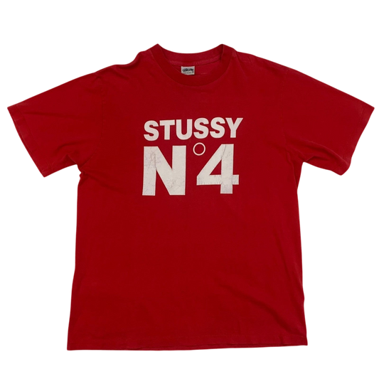Stussy Vintage 90s No. 4 Logo T-Shirt Red (Made in USA) Fits S-M)