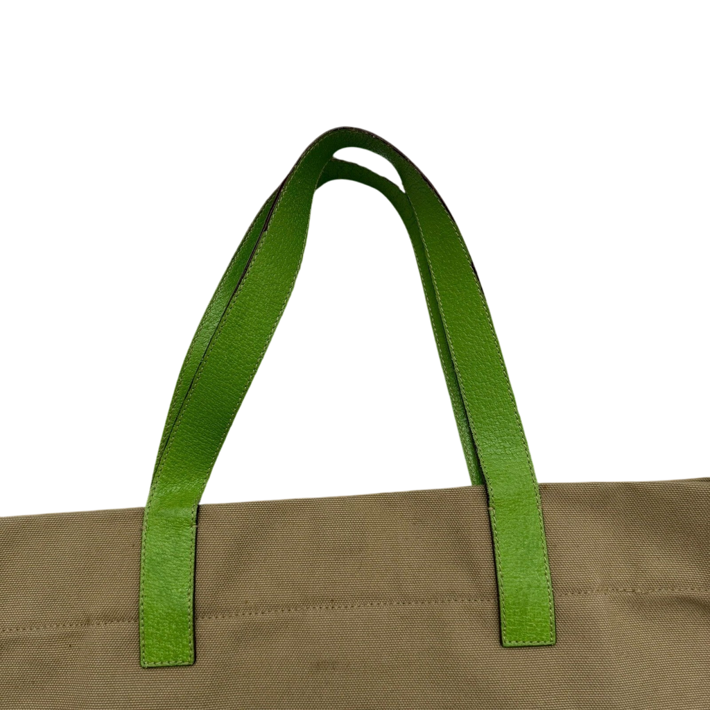 Prada Canvas & Leather Tote Bag Beige/Green