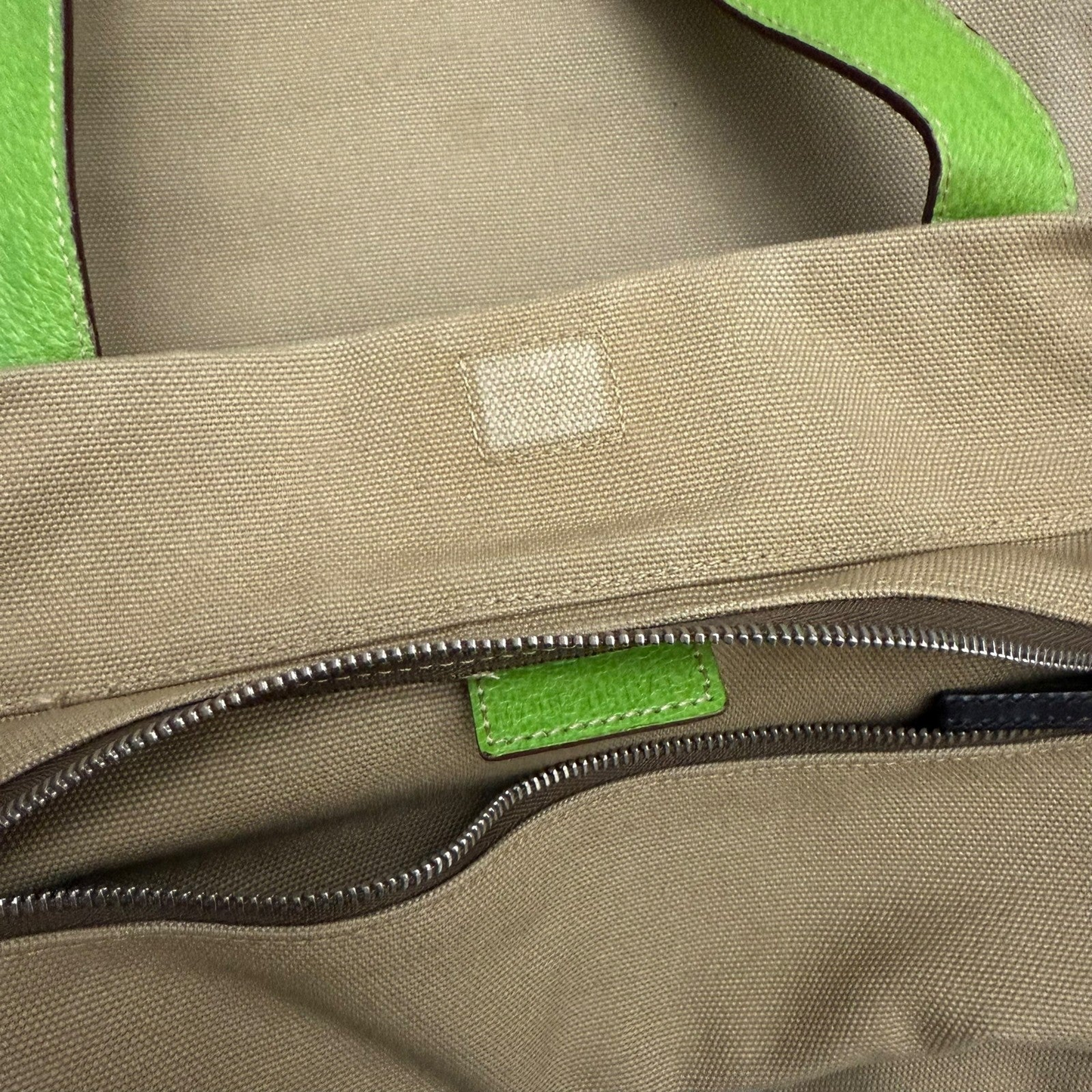 Prada Canvas & Leather Tote Bag Beige/Green