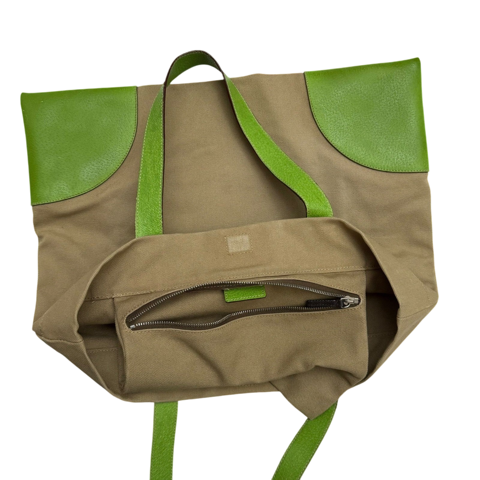 Prada Canvas & Leather Tote Bag Beige/Green