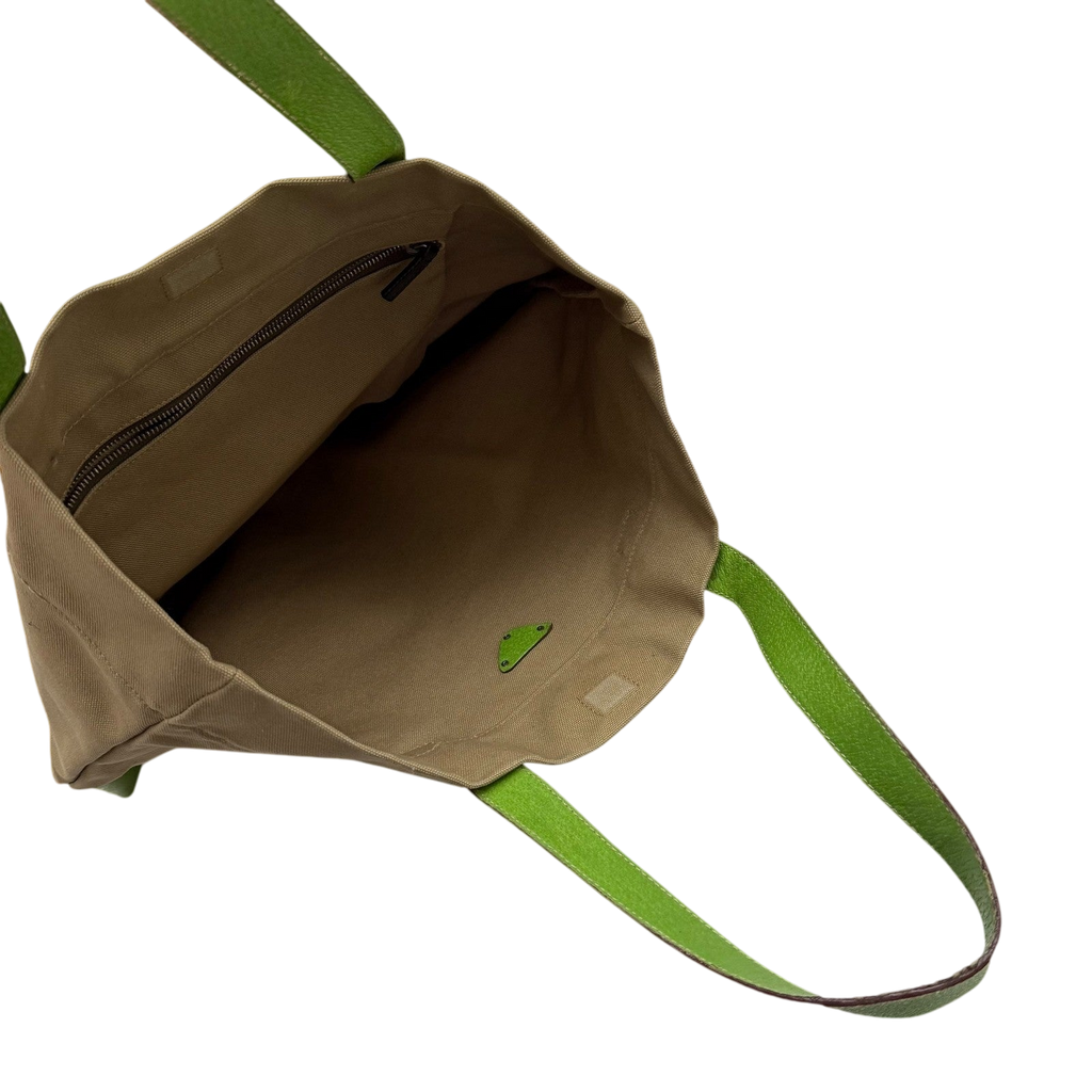 Prada Canvas & Leather Tote Bag Beige/Green
