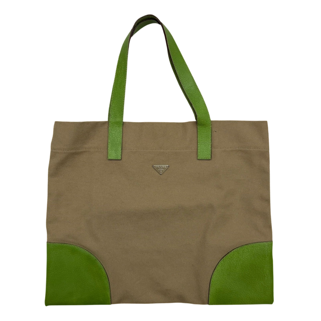 Prada Canvas & Leather Tote Bag Beige/Green