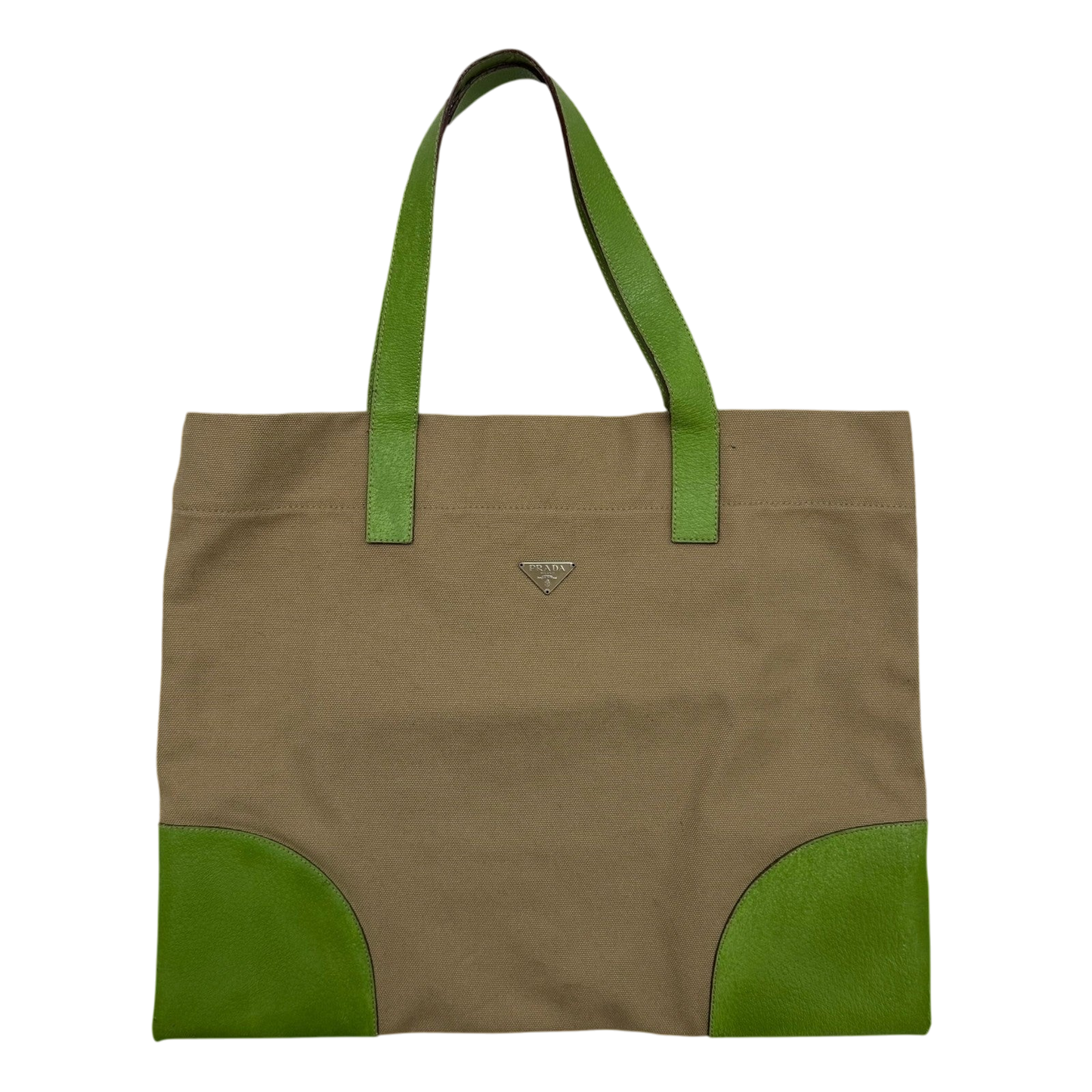 Prada Canvas & Leather Tote Bag Beige/Green