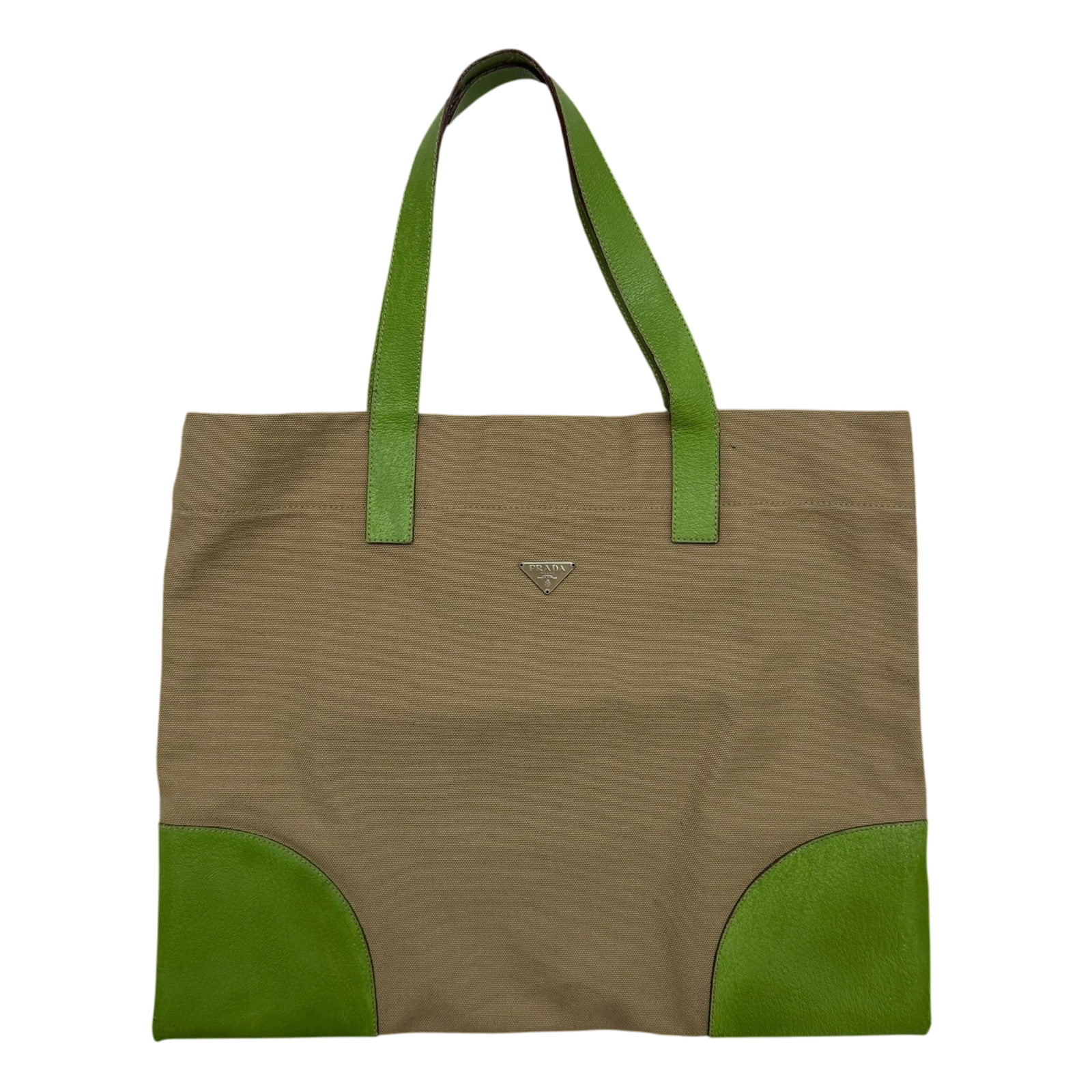 Prada Canvas & Leather Tote Bag Beige/Green