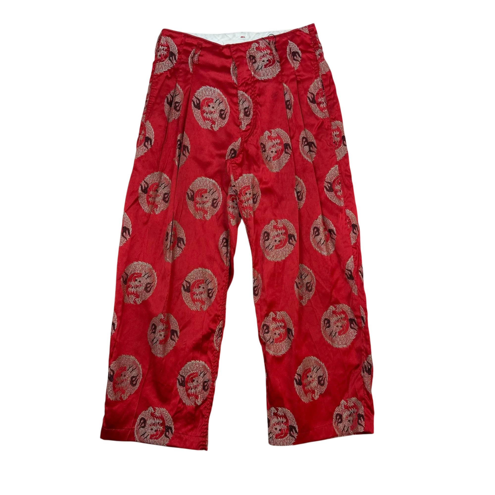 Comme Des Garçons Homme Plus AW11 (Runway) Satin Embroidered Dragon Print Pants Red (Size XS)