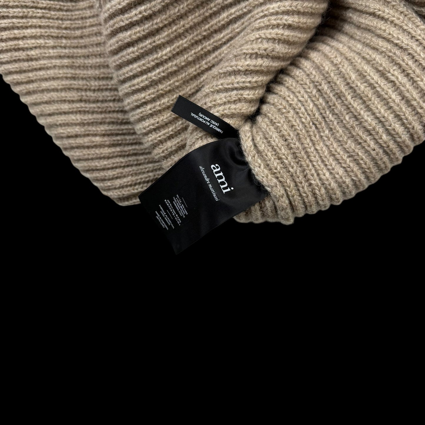 Ami Paris Heavyweight Ribbed Wool Funnel Neck Knit Sweatshirt Taupe