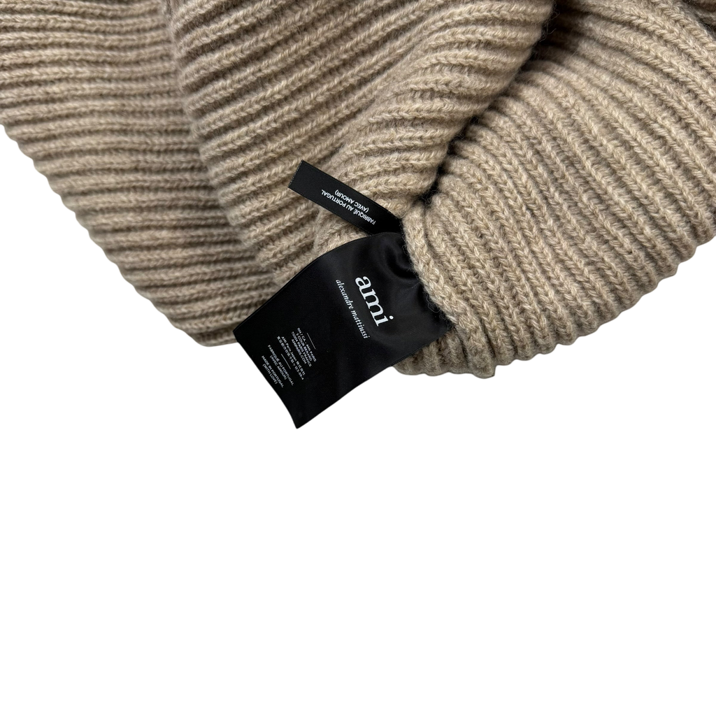 Ami Paris Heavyweight Ribbed Wool Funnel Neck Knit Sweatshirt Taupe